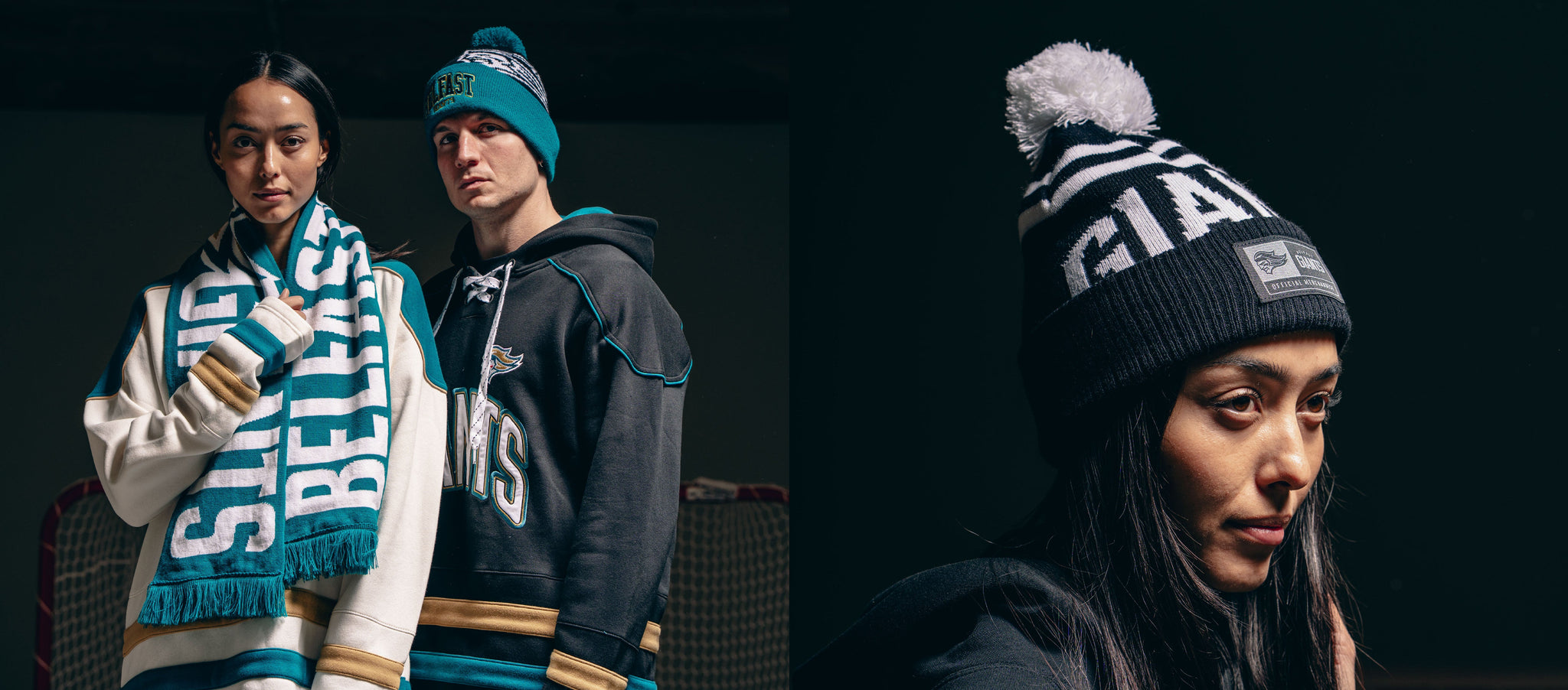 Two people wear Belfast Giants hockey gear on the left; one holds a scarf. On the right, a close-up shows a person in a black Giants beanie with a white pom-pom.