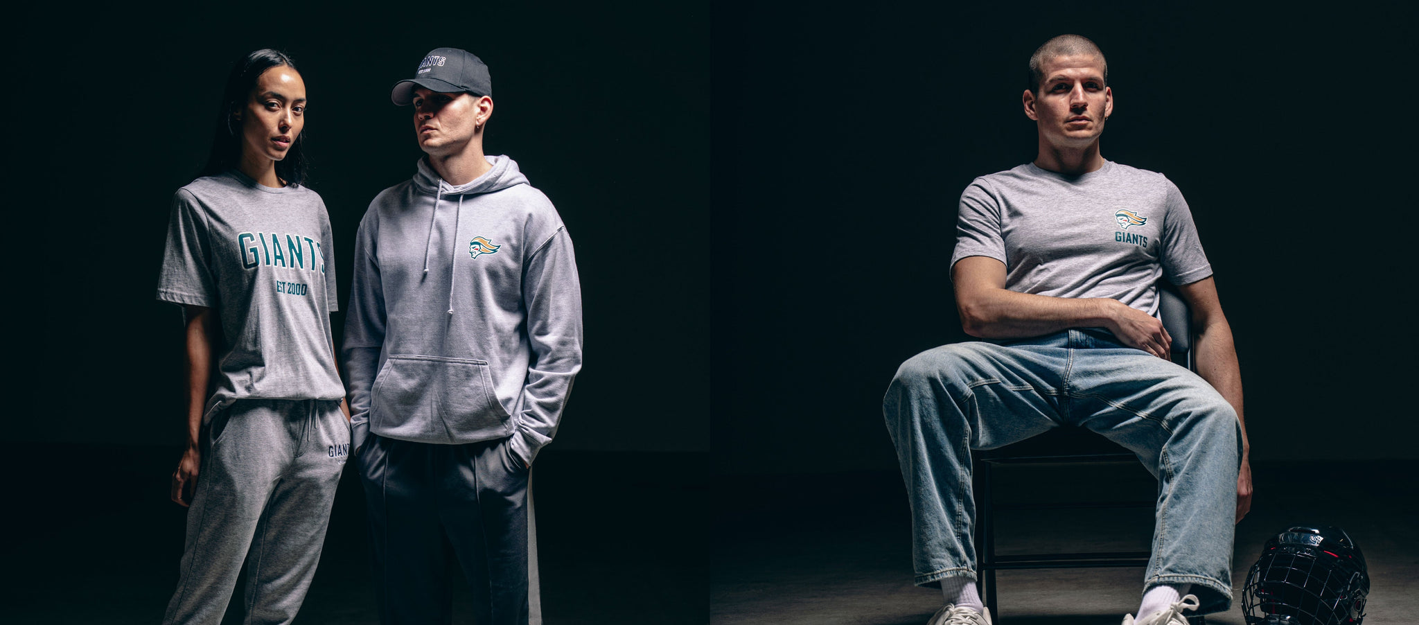 Two people stand side by side in gray sportswear on the left; on the right, a man in a gray Giants T-shirt and jeans sits on a chair, holding a helmet by his side.