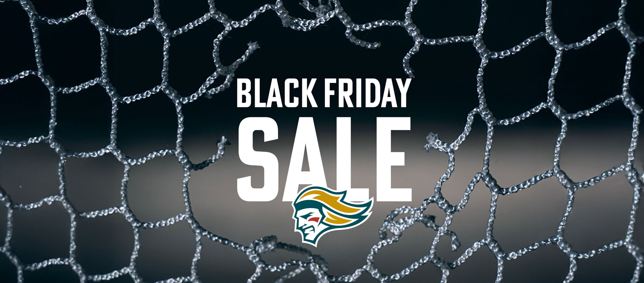 Text Black Friday Sale with a stylized head logo is displayed over a close-up image of a broken net, symbolizing deals breaking through barriers.