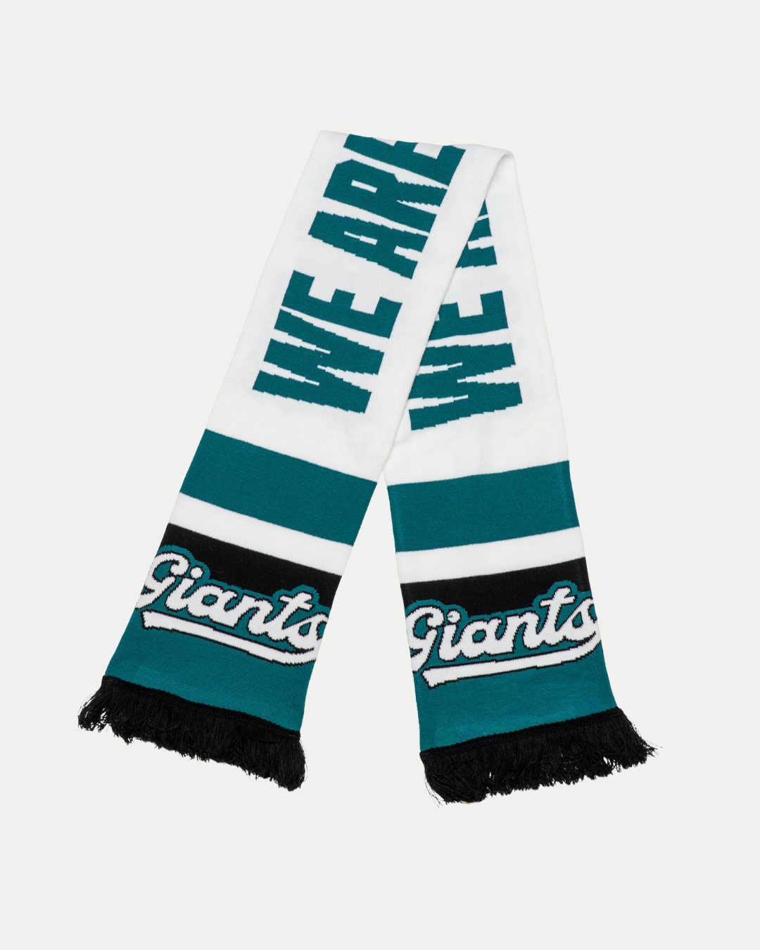 Show your Belfast Giants pride on match nights with the Belfast Giants We Are Giants Scarf White—featuring bold WE ARE and Giants lettering in teal, black, and white, plus stylish black fringe at both ends.