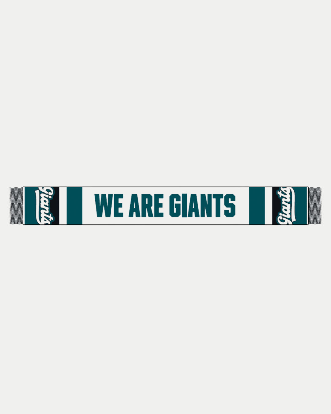 Show your Belfast Giants pride with the We Are Giants Scarf White—a teal and white rectangular scarf featuring bold "WE ARE GIANTS" at the center and "Giants" on both ends. Essential for every Belfast Giants supporter!.