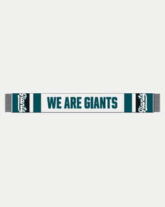 Show your Belfast Giants pride with the We Are Giants Scarf White—a teal and white rectangular scarf featuring bold "WE ARE GIANTS" at the center and "Giants" on both ends. Essential for every Belfast Giants supporter!.