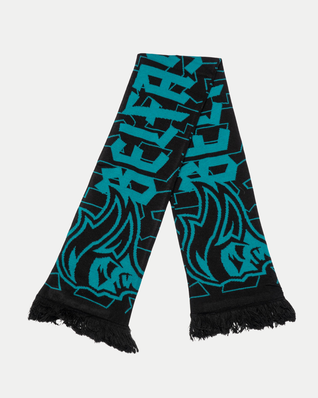The Belfast Giants Script Text Black Scarf features monogram and stylized flame patterns in black and teal, black fringes on both ends, and is shown against a white background. Brand: Belfast Giants.