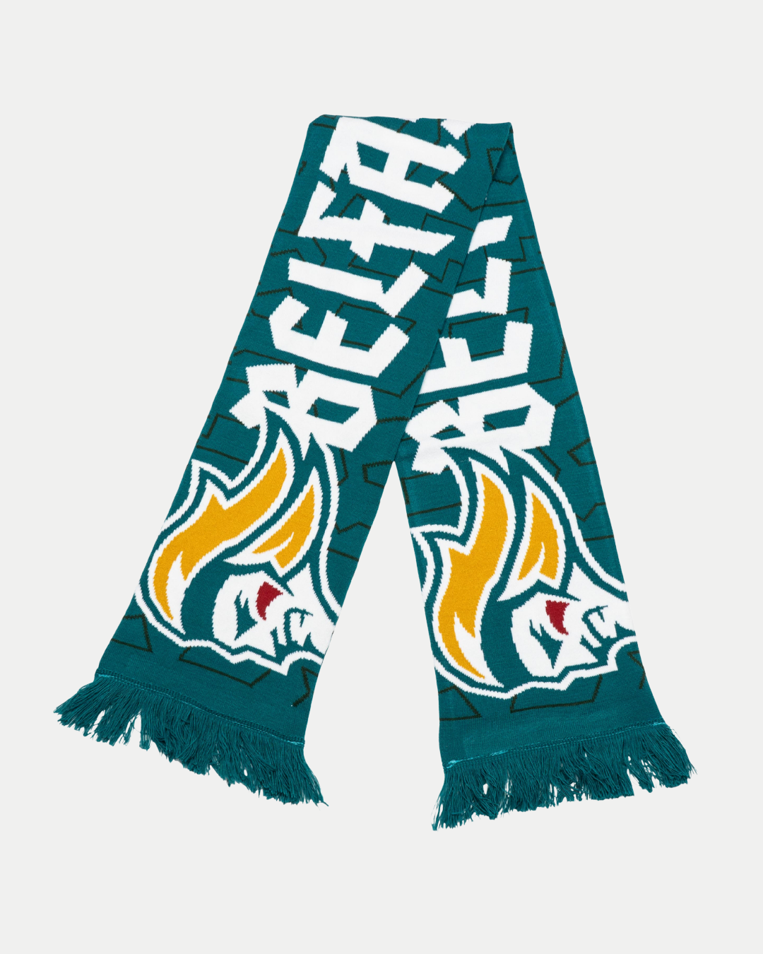 The Belfast Giants Script Text Teal Scarf features bold BELIEVE script, fringed ends, and the team’s stylized bull mascot—each detail accented by a subtle monogram pattern for extra style.