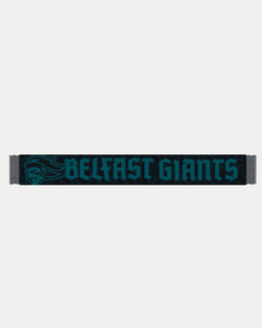 The Belfast Giants Script Text Black Scarf features bold script text across the center, showcasing the Belfast Giants brand. Its striking black and teal design stands out against a sleek black background.