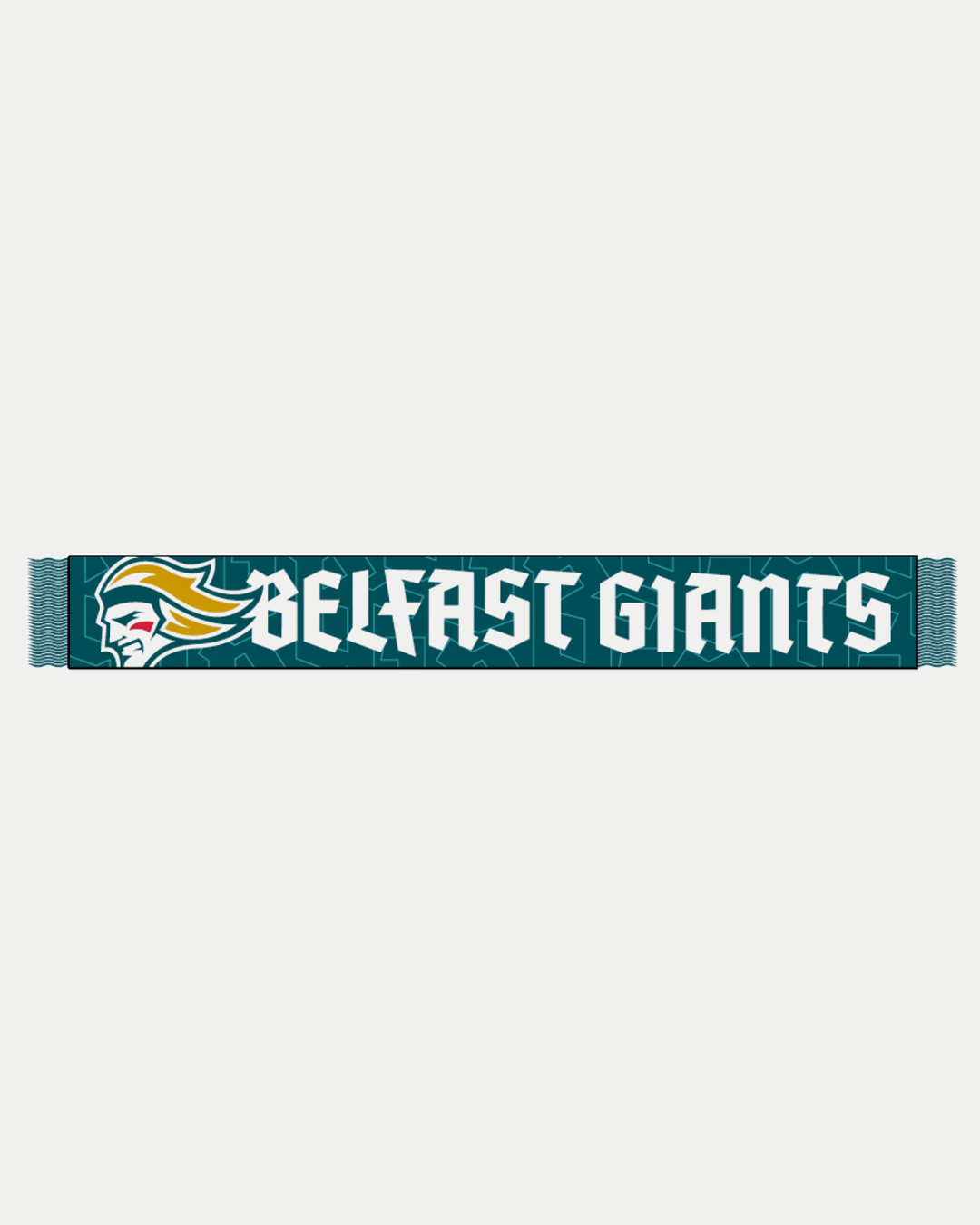 The Belfast Giants Script Text Teal Scarf features a subtle monogram pattern, the team logo on the left, and “Belfast Giants” in bold white script across the center.