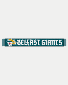 The Belfast Giants Script Text Teal Scarf features a subtle monogram pattern, the team logo on the left, and “Belfast Giants” in bold white script across the center.