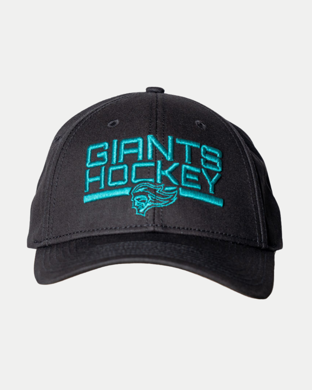 The 25-26 CCM Black Cap Teal Logo by Belfast Giants Store features "GIANTS HOCKEY" and a stylized teal logo embroidered on the front.
