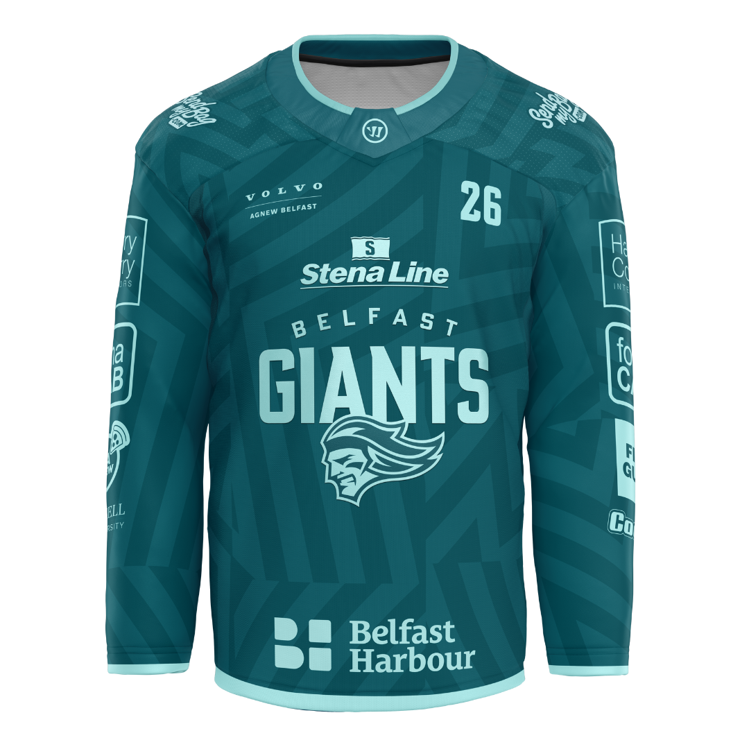 The Belfast Giants Custom Fan Goalie Replica 25/26 Challenge Cup Jersey by Warrior is teal, features the Giants logo in the center, number 26 on the right shoulder, and sponsor logos like Stena Line and Belfast Harbour on the front and sleeves.