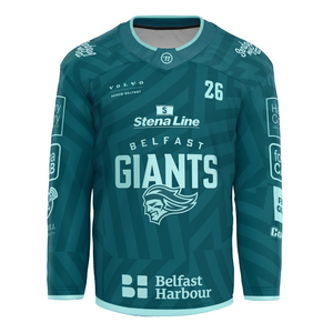 The Belfast Giants Custom Fan Goalie Replica 25/26 Challenge Cup Jersey by Warrior is teal, features the Giants logo in the center, number 26 on the right shoulder, and sponsor logos like Stena Line and Belfast Harbour on the front and sleeves.