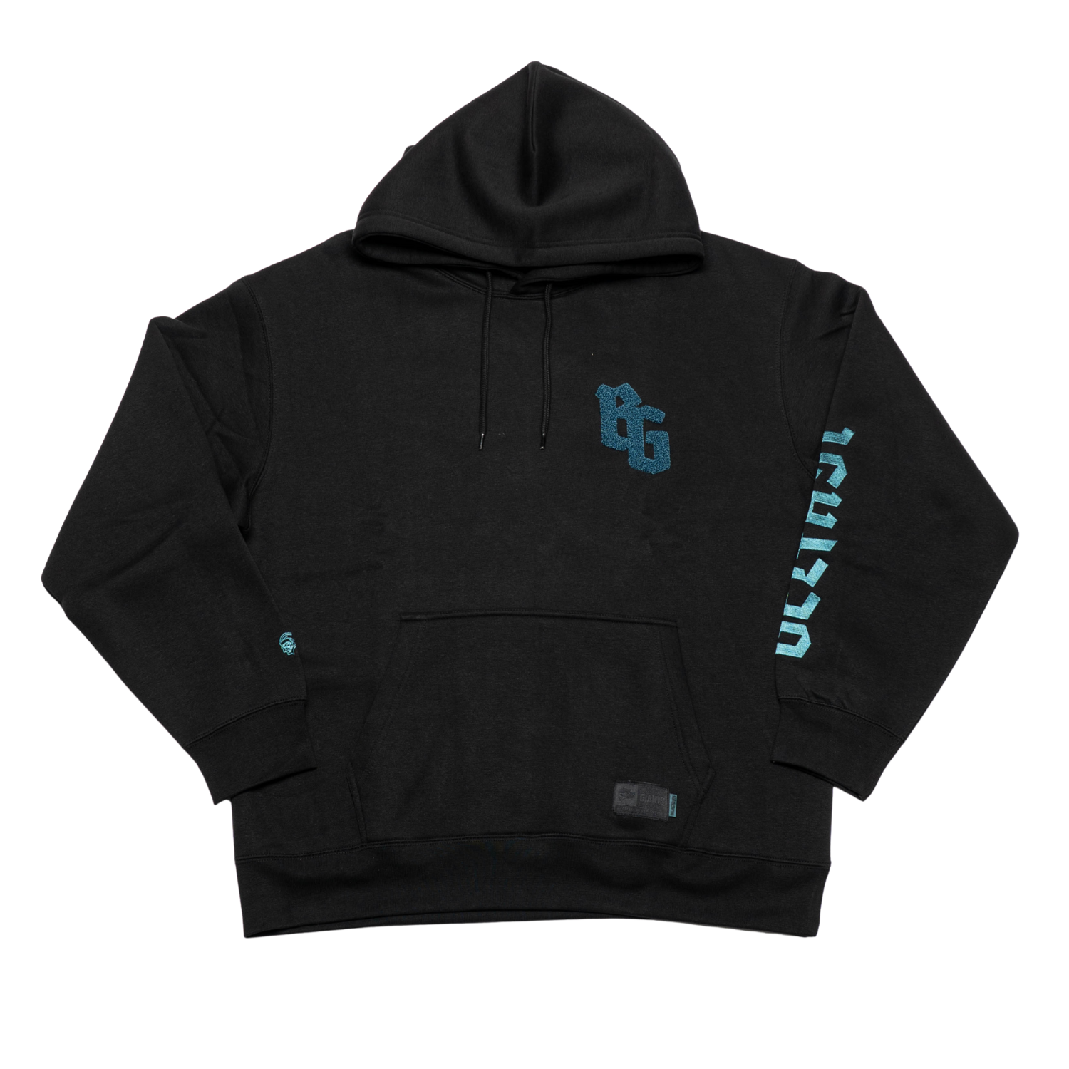 The Belfast Giants BG Hoodie Black brings street style with a blue OG logo on the left chest, blue text down the right sleeve, a small patch by the hem, and subtle Belfast Giants branding for a standout look.