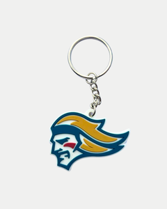 The Belfast Giants PVC Keyring from the Belfast Giants Store by National Merchandise features a stylized team mascot with yellow hair, teal outline, and a red cheek mark on a silver key ring.