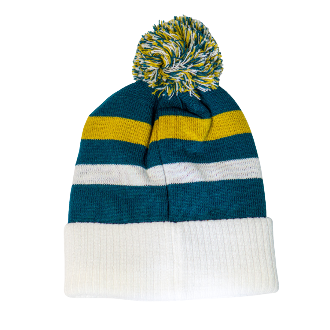 The Belfast Giants Hockey Beanie Off-White by Belfast Giants features a pom-pom, blue, yellow, and white stripes, plus a wide folded brim—ideal for staying cosy on winter matchdays.