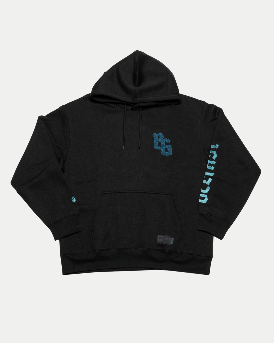 The Belfast Giants BG Hoodie Black features a kangaroo pocket, blue OG logo on the left chest, and blue vertical text on the right sleeve—delivering bold Giants branding perfect for street style.