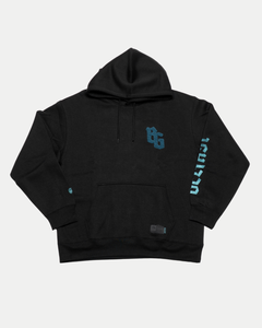 The Belfast Giants BG Hoodie Black features a kangaroo pocket, blue OG logo on the left chest, and blue vertical text on the right sleeve—delivering bold Giants branding perfect for street style.