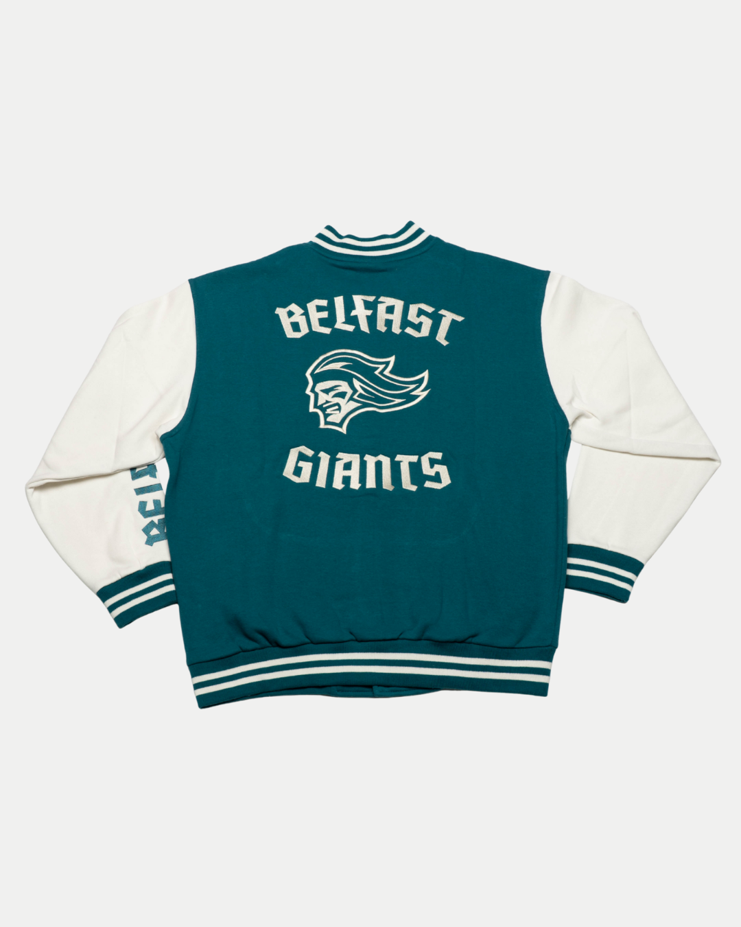 The Belfast Giants Varsity Jacket Teal features “BELFAST GIANTS” and a giant head logo on the back, plus striped cuffs, collar, and waistband for classic sporty style. Official merchandise from the Belfast Giants.