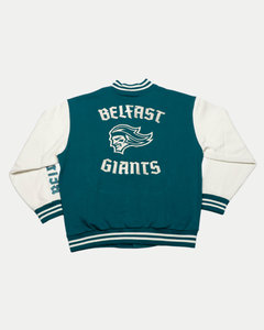 The Belfast Giants Varsity Jacket Teal features “BELFAST GIANTS” and a giant head logo on the back, plus striped cuffs, collar, and waistband for classic sporty style. Official merchandise from the Belfast Giants.
