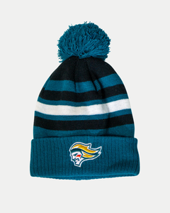 Stay warm in style with the Belfast Giants Hockey Beanie Striped Black, featuring teal, black, and white stripes, a pom-pom top, and an embroidered Giants logo on the front cuff.