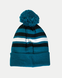 The Belfast Giants Hockey Beanie Striped Black features teal, black, and white stripes, a folded brim, and a large teal pom-pom—an essential cold-weather accessory from Belfast Giants.
