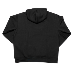 The Belfast Giants BG Hoodie Black, laid flat with the back facing up, features long sleeves, a hood, and a plain black design—making it a versatile choice for effortless street style.