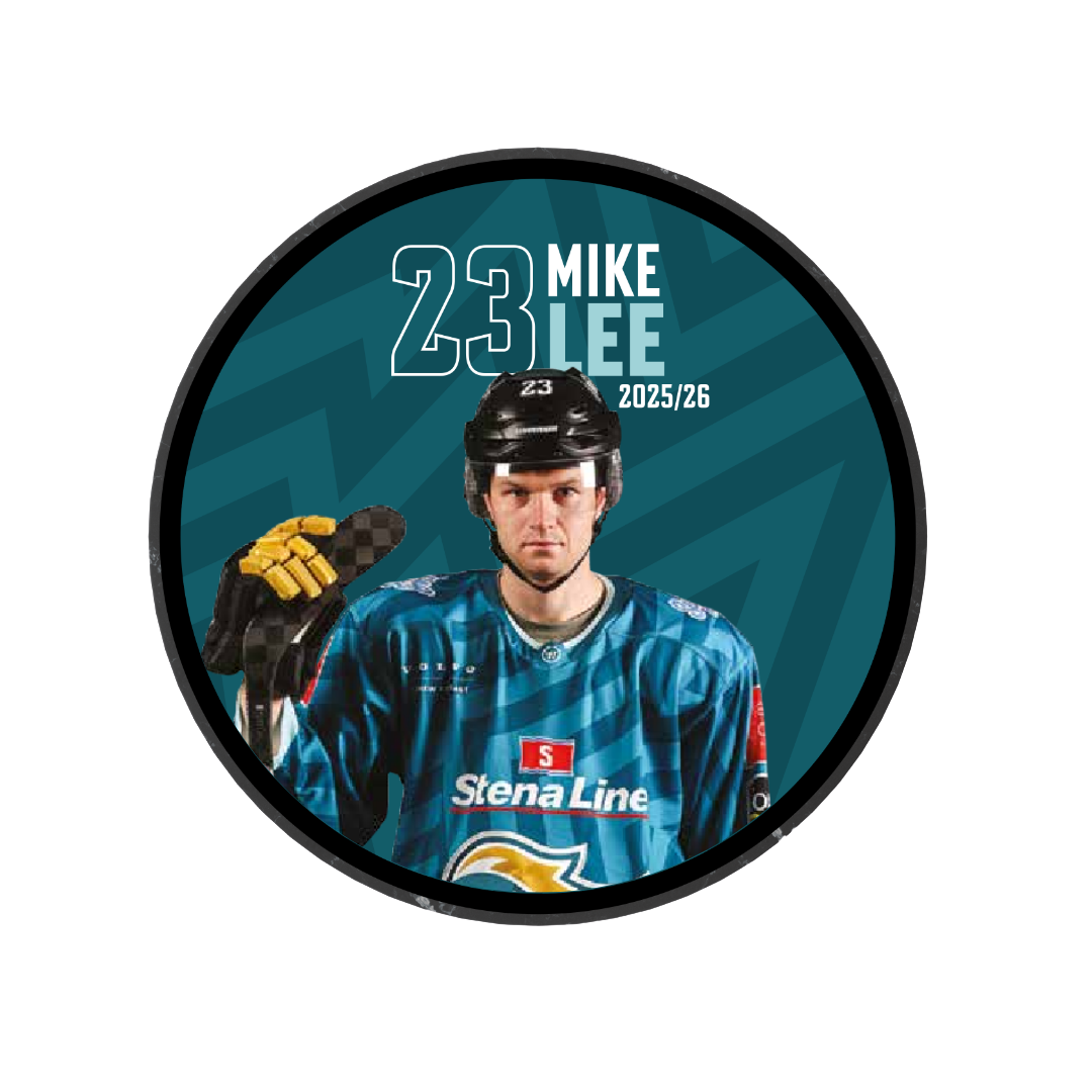 The 2025-26 Player Puck by Belfast Giants features Mike Lee in a blue jersey with stick, number 23, and years 2025/26 on a teal background—an ideal collectible for ice hockey puck fans.
