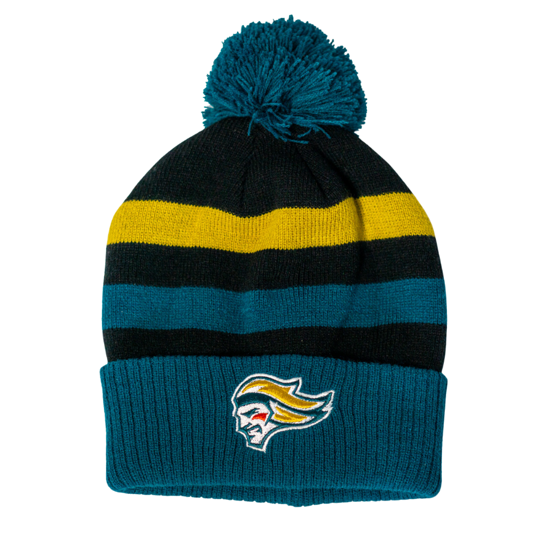 The Belfast Giants Hockey Striped Beanie by Belfast Giants features teal, black, and yellow stripes, a teal pom-pom, and an embroidered stylized face in a yellow helmet on the folded brim.