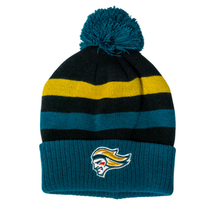 The Belfast Giants Hockey Striped Beanie by Belfast Giants features teal, black, and yellow stripes, a teal pom-pom, and an embroidered stylized face in a yellow helmet on the folded brim.