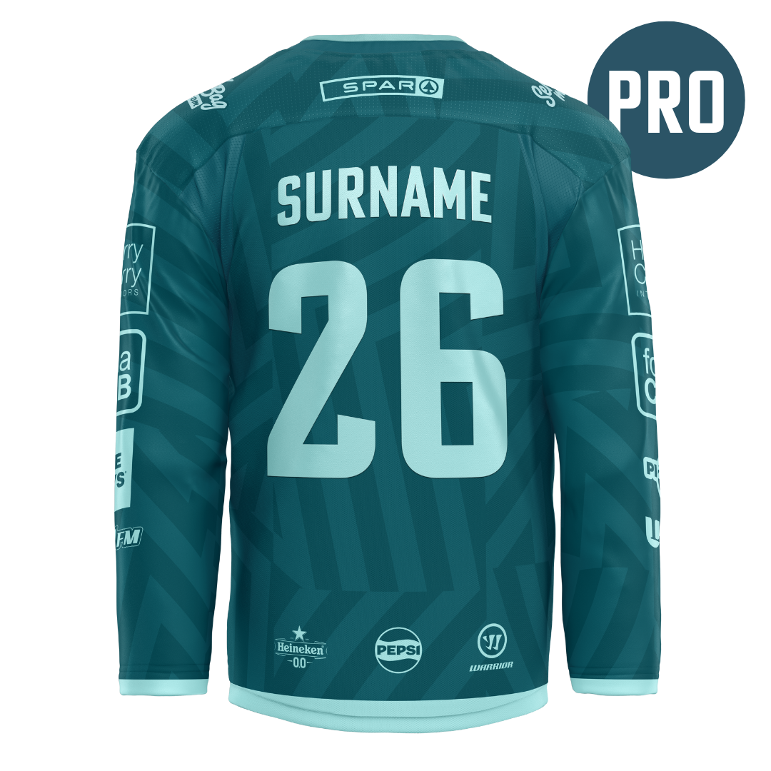 A Custom Authentic Goalie Pro 25/26 Challenge Cup Jersey by Belfast Giants is shown from the back, featuring SURNAME and number 26 in large blue letters, with sponsor logos like Warrior on the back and sleeves.