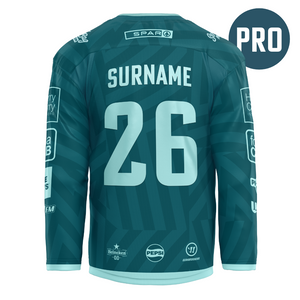 A Custom Authentic Goalie Pro 25/26 Challenge Cup Jersey by Belfast Giants is shown from the back, featuring SURNAME and number 26 in large blue letters, with sponsor logos like Warrior on the back and sleeves.