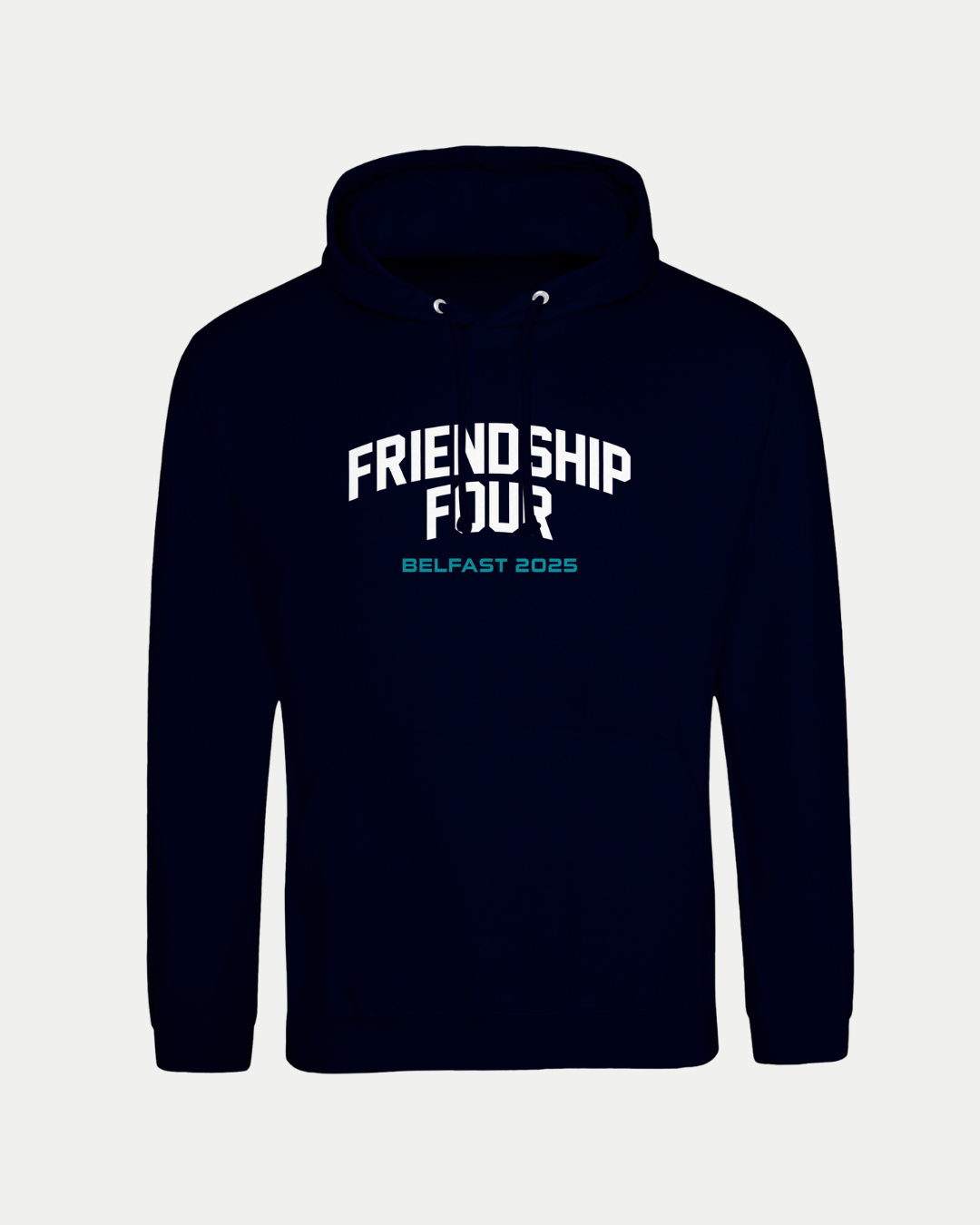 The Belfast Giants MADE-TO-ORDER Friendship Four 2025 Wordmark Pullover Hoodie in navy features FRIENDSHIP FOUR in bold white and BELFAST 2025 in teal, shown on a plain light gray background.