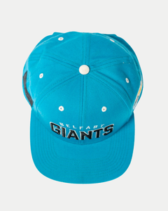 The Belfast Giants Teal Snapback Cap is a stylish teal hat with "Belfast Giants" boldly embroidered on the front, shown from above on a plain white background—perfect for fans.