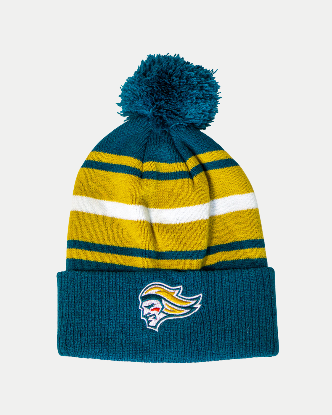 The Belfast Giants Hockey Beanie Striped Gold features teal, yellow, and white stripes, a teal pom-pom, and an embroidered Giants helmet logo on the brim—perfect for winter or showing your Belfast Giants pride.