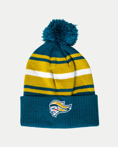 The Belfast Giants Hockey Beanie Striped Gold features teal, yellow, and white stripes, a teal pom-pom, and an embroidered Giants helmet logo on the brim—perfect for winter or showing your Belfast Giants pride.
