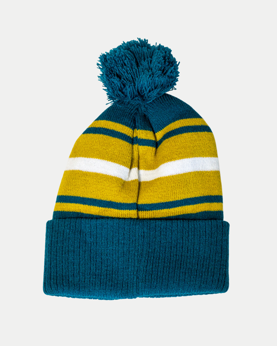 The Belfast Giants Hockey Beanie Striped Gold by Belfast Giants features yellow and white stripes, a blue cuff, and blue pom-pom, shown on a plain white background.