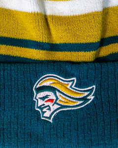 Close-up of the Belfast Giants Hockey Beanie Striped Gold by Belfast Giants, featuring yellow and white bands, a green cuff, and an embroidered logo of a stylized face—an ideal winter hat for fans.