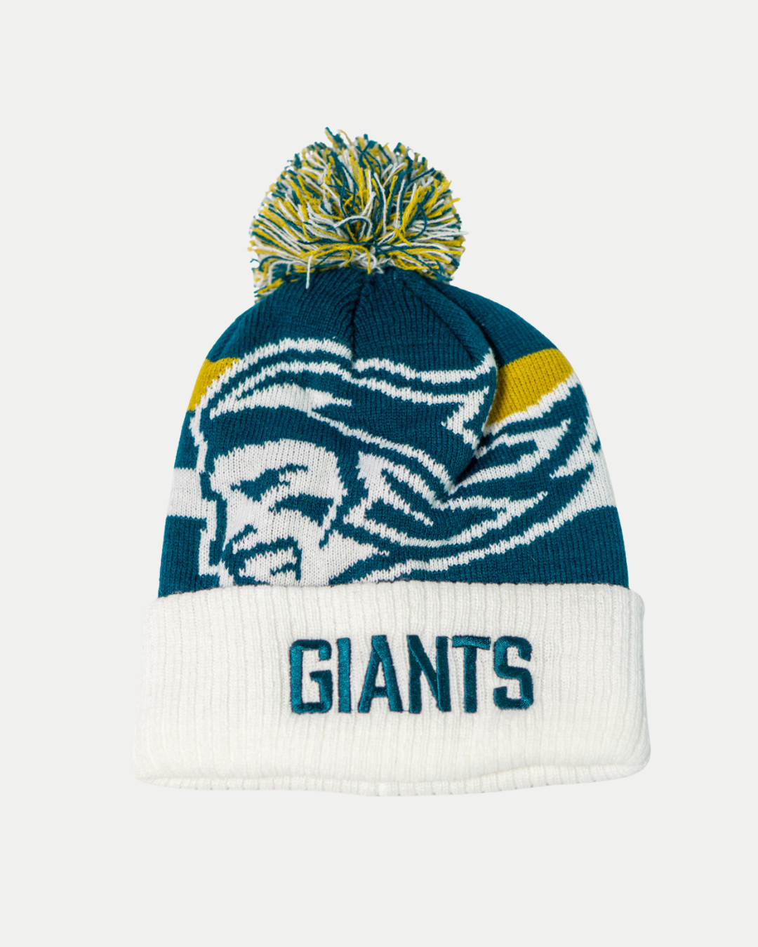 Stay warm at the game with the Belfast Giants Hockey Beanie Off-White by Belfast Giants, featuring blue, white, and yellow accents, a pom-pom, stylized face graphic, and “GIANTS” embroidery on the fold-over cuff.