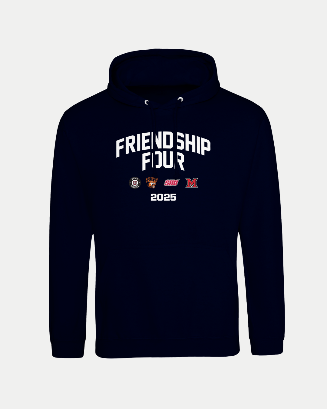The Belfast Giants MADE-TO-ORDER Friendship Four 2025 Team Logos Pullover Hoodie in navy features white FRIENDSHIP FOUR text, four college hockey logos, "2025" below, a front pocket, drawstrings, and soft ring-spun cotton.