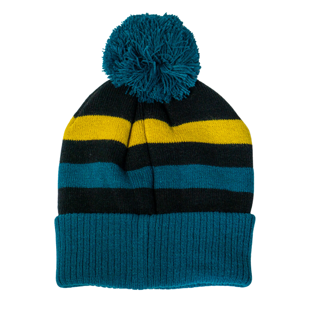 The Belfast Giants Hockey Striped Beanie by Belfast Giants features teal, black, yellow, and blue stripes with a ribbed teal bottom and pompom top. This cozy winter hat is perfect for fans and stands out against a white background.