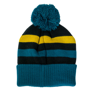 The Belfast Giants Hockey Striped Beanie by Belfast Giants features teal, black, yellow, and blue stripes with a ribbed teal bottom and pompom top. This cozy winter hat is perfect for fans and stands out against a white background.