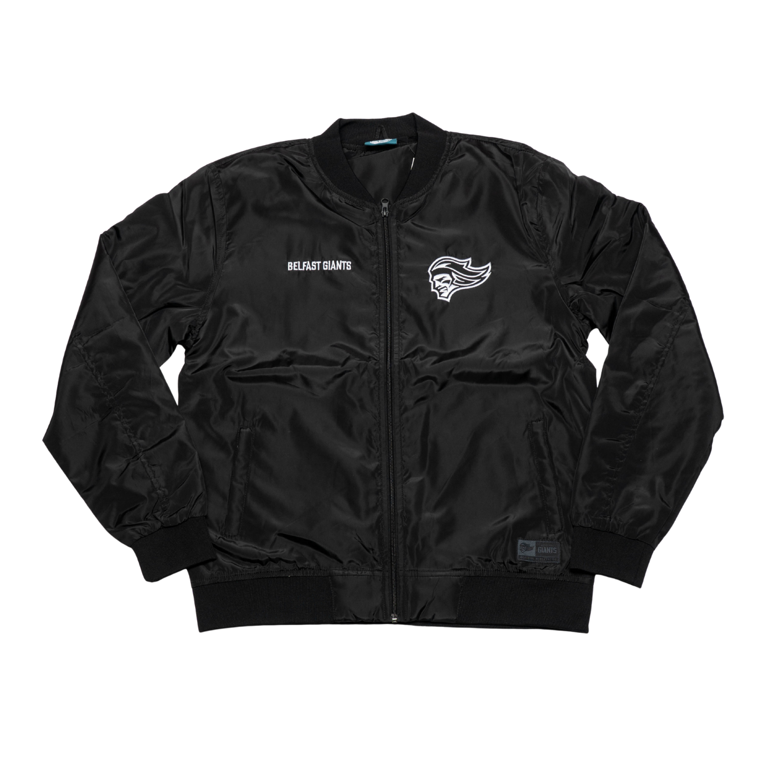 The Belfast Giants Bomber Jacket Black Backprint features a zip-up front and the team logo with text on the left chest, shown on a white background.