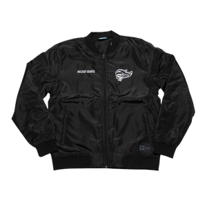 The Belfast Giants Bomber Jacket Black Backprint features a zip-up front and the team logo with text on the left chest, shown on a white background.
