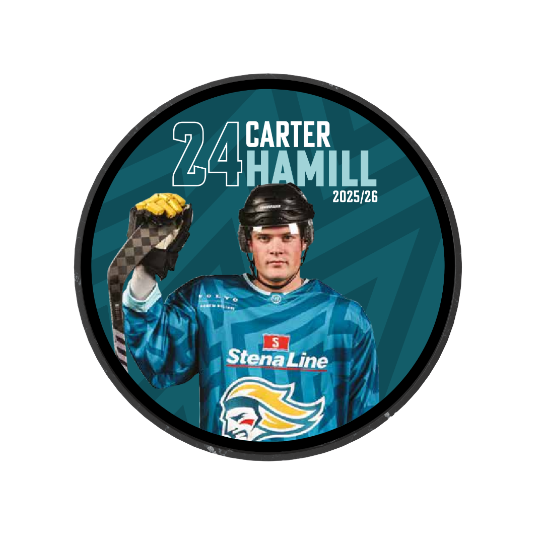 Carter Hamill, number 24, in blue gear holds a hockey stick beside limited edition Belfast Giants 2025-26 Player Pucks on a teal background with the Stena Line logo.