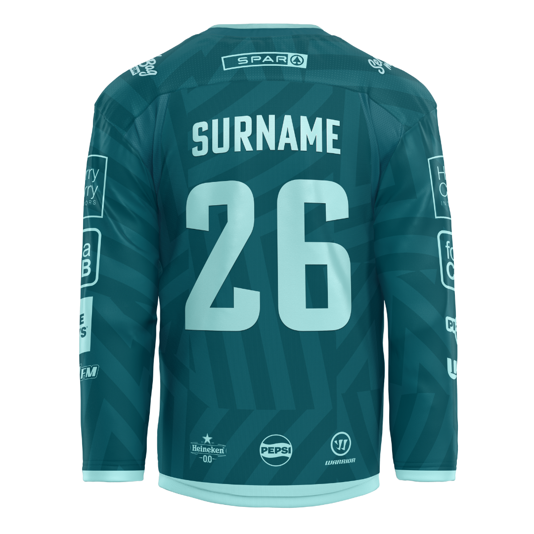 A Custom Fan Goalie Replica 25/26 Challenge Cup Jersey by Belfast Giants, shown from the back with SURNAME and number 26 in bold white, plus sponsor logos on the back, shoulders, and sleeves—a classic team look.