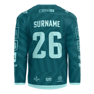 A Custom Fan Goalie Replica 25/26 Challenge Cup Jersey by Belfast Giants, shown from the back with SURNAME and number 26 in bold white, plus sponsor logos on the back, shoulders, and sleeves—a classic team look.