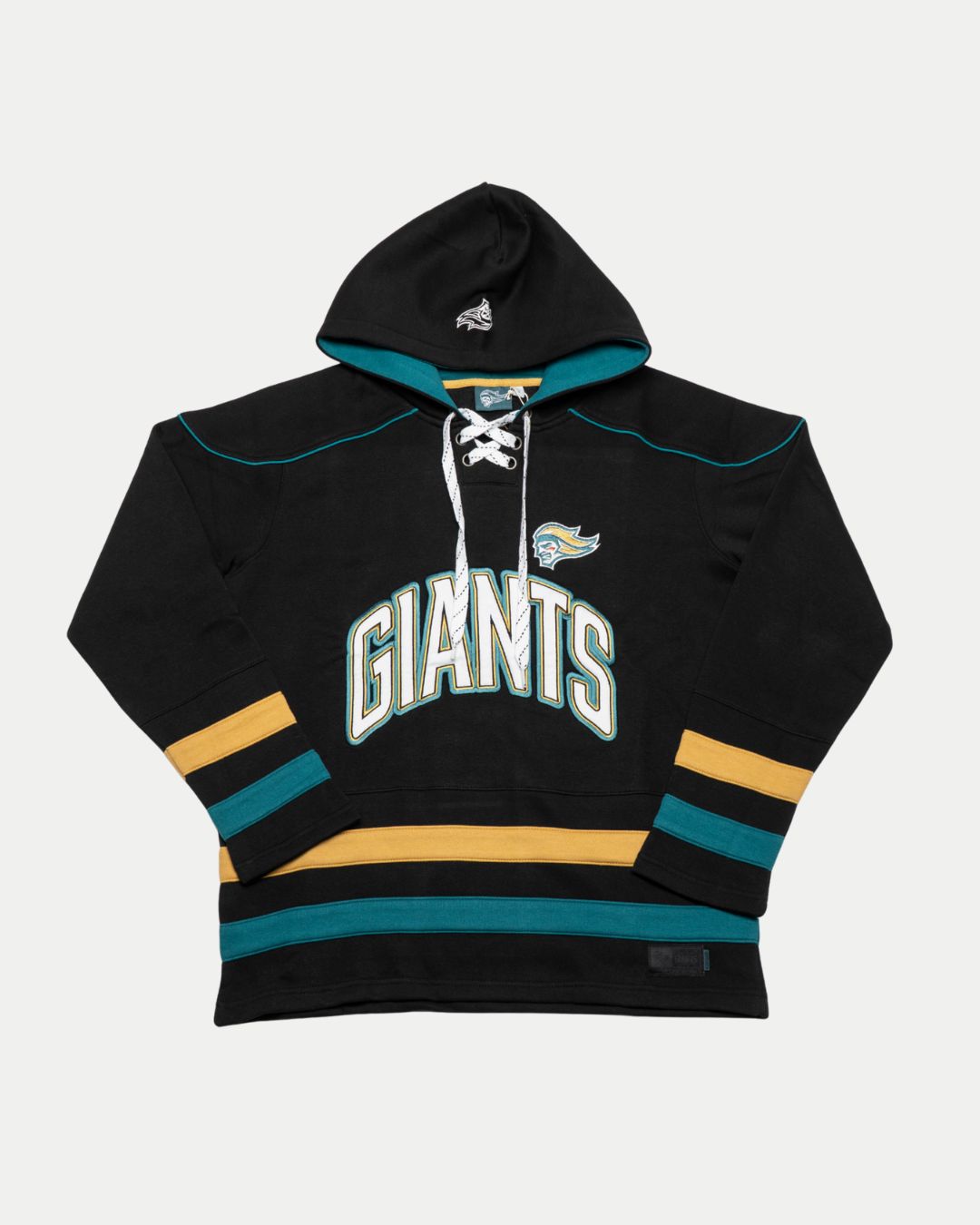 Support your team in the Kids Belfast Giants Hockey Lace Black Hoodie by Belfast Giants, featuring bold GIANTS lettering, yellow and teal sleeve and hem stripes, and a small bird logo on the chest.