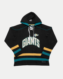 Support your team in the Kids Belfast Giants Hockey Lace Black Hoodie by Belfast Giants, featuring bold GIANTS lettering, yellow and teal sleeve and hem stripes, and a small bird logo on the chest.