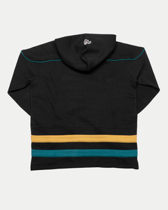 The Kids Belfast Giants Hockey Lace Black Hoodie by Belfast Giants features teal and yellow stripes near the bottom and teal piping on the upper back, making it perfect for showing off team spirit.