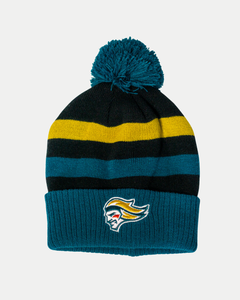 The Belfast Giants Hockey Striped Beanie by Belfast Giants features teal, black, and yellow stripes, a teal pom-pom, and an embroidered helmet logo—perfect for your winter collection.