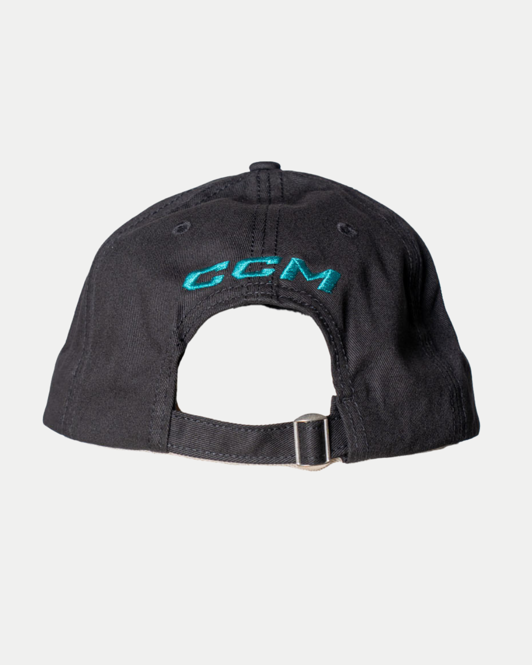 The 25-26 CCM Black Cap Teal Logo from Belfast Giants Store by National Merchandise is a black cap shown from the back, with an adjustable strap and the teal embroidered CCM logo above the opening.