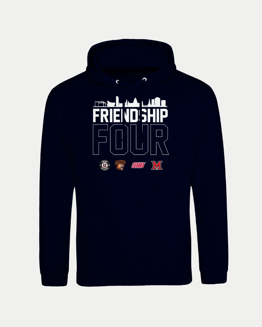 The Belfast Giants MADE-TO-ORDER Friendship Four 2025 Team Logos Graphic Pullover Hoodie in navy features a unisex fit, city skyline, event logo, and logos for Boston University, Quinnipiac, Sacred Heart, and Miami University.